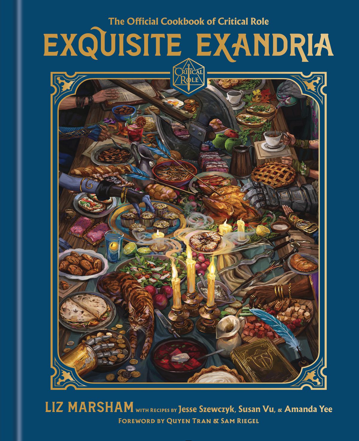 Omslaget till Exquisite Exandria visar närbilden av ett festbord, täckt med pajer och kötträtter.  Är det en quesadilla?  Vem släppte in katten här!?  Inga handskar vid bordet!
