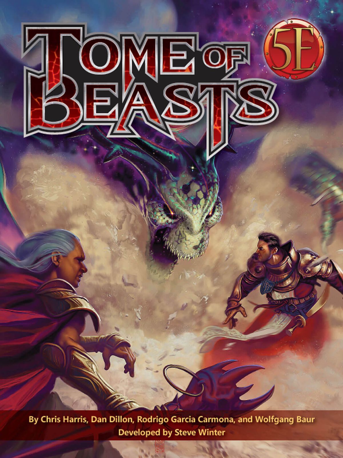 Ett skelettmonster med horn hostar upp ett skadligt, dammigt moln när äventyrare sprids i den officiella omslagsbilden till Tome of Beasts.