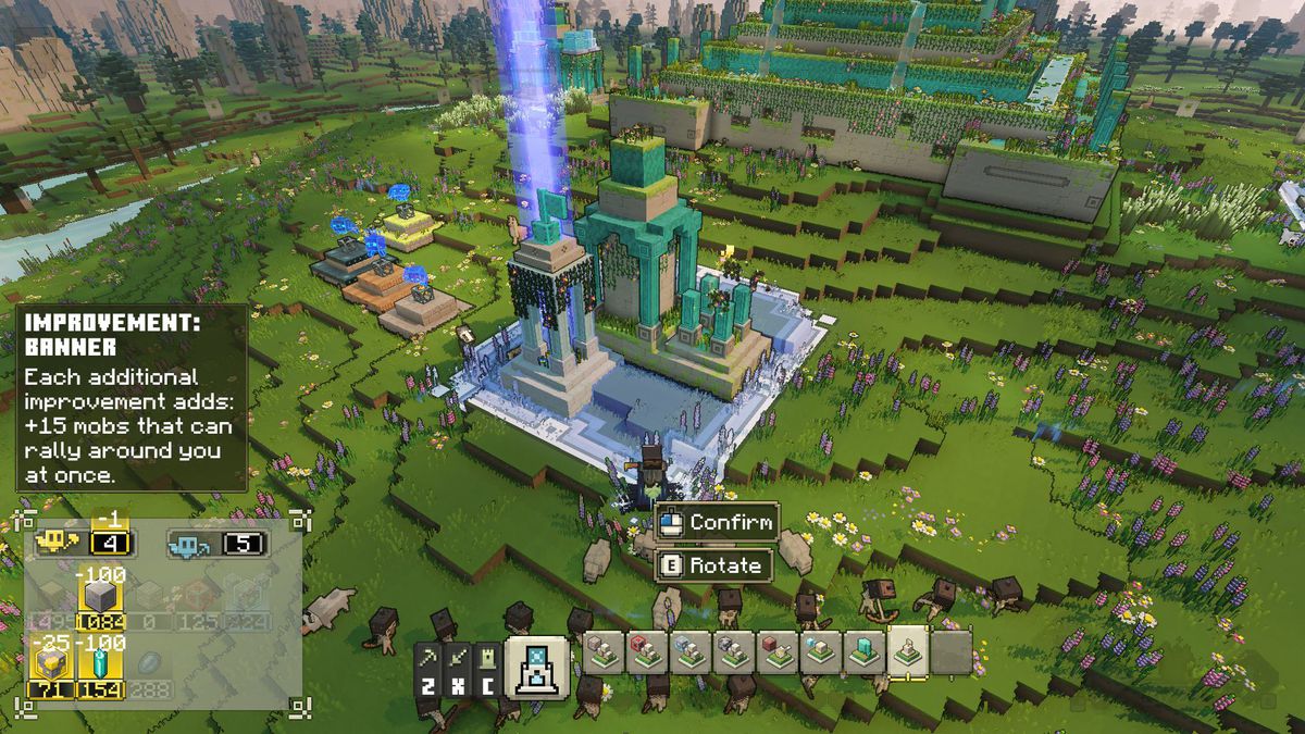 Hjälten placerar Improvement: Banner-strukturen runt The Well of Fate i Minecraft Legends