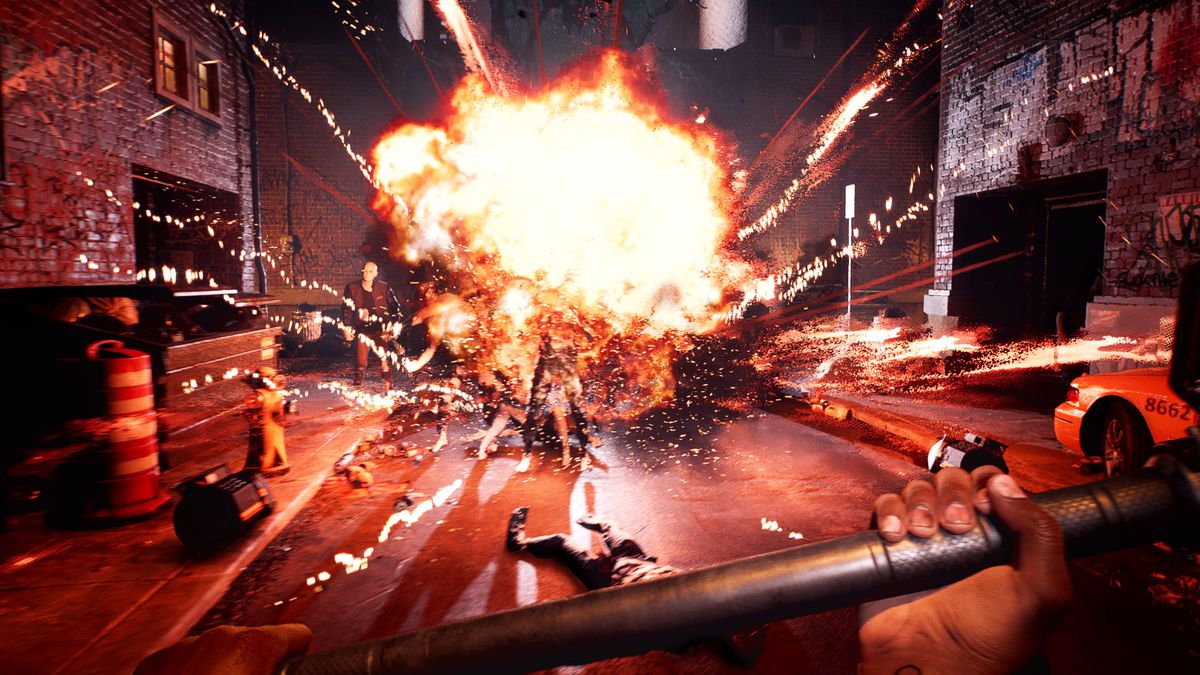 En explosion inträffar på gatan i Hell-A mitt framför huvudpersonen i Dead Island 2