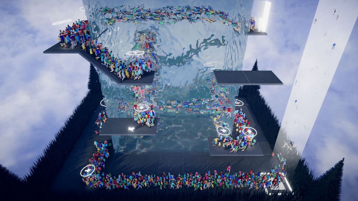 Tusentals människor klättrar uppför ett minimalistiskt trapphus och hoppar in i en gravitationstrotsande vattenpelare i Humanity, det nya PlayStation/PC-samarbetet mellan tha och Tetsuya Mizuguchis Enhance. 