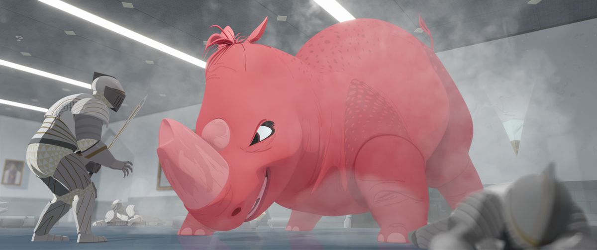 A grinning pink rhino with a broken-off primary horn (actually the shapeshifting girl Nimona in one of her fighting forms) faces down a knight in armor in Netflix’s Nimona