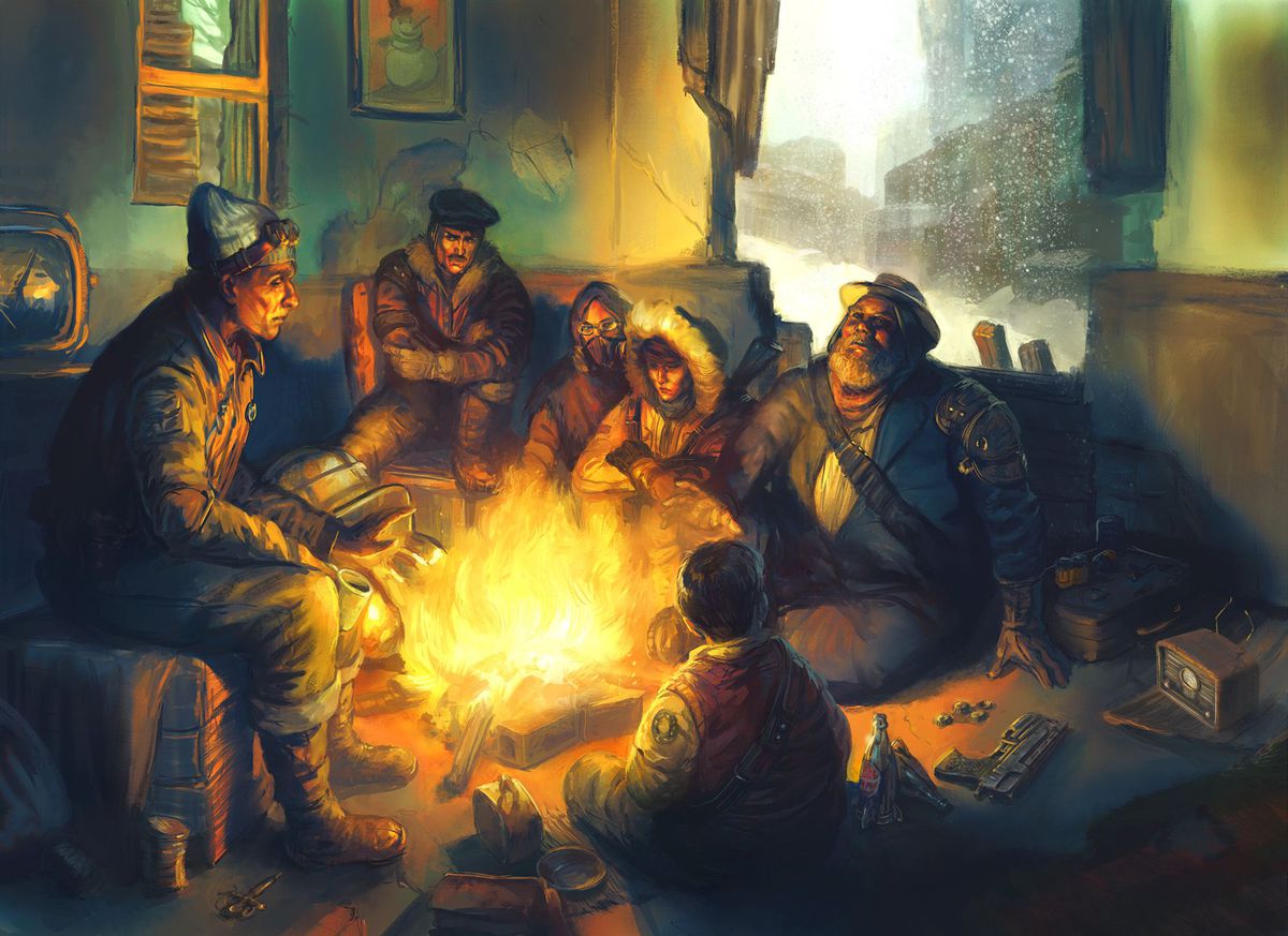 En grupp äventyrare kurrar sig runt en varm lägereld mitt i en brutal samväldets vinter i konst för The Fallout Roleplaying Game.