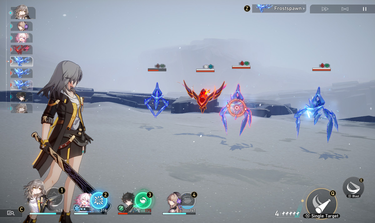 A screenshot of a fight in Honkai: Star Rail. The main character, the Trailblazer, stands on the battle field wielding a bat in her hand. The icons for her four teammates are at the bottom. 