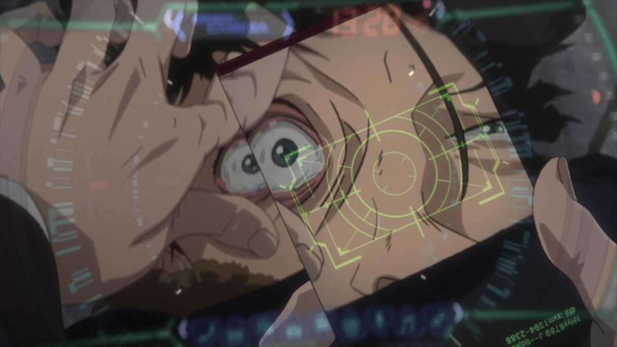 En närbild av en animemans pupill som tvångsavsöks av en högteknologisk kamera på en smart telefon i Folkmordsorgan.