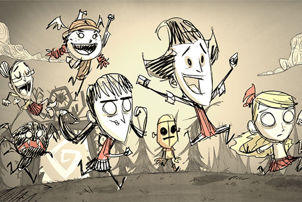 En grupp karaktärer från Don't Starve Together, återgivna med penna och kol, springer och hoppar i firande.