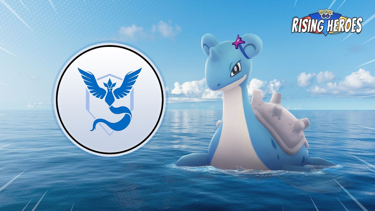 Team Mystic-märket bredvid en Lapras som bär ett tillbehör med Blanche-tema i Pokémon Go.