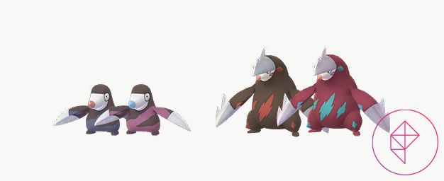 Drilbur och Excadrill med sina glänsande former i Pokémon Go.  Shiny Drilbur får en blå näsa och några röda markeringar och glänsande Excadrill blir röd och blå.