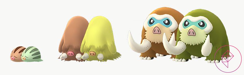 Shiny Swinub, Piloswine och Mamoswine i Pokémon Go med sina vanliga former.  Shiny Swinub blir grön, medan Piloswine och Mamoswine blir gula