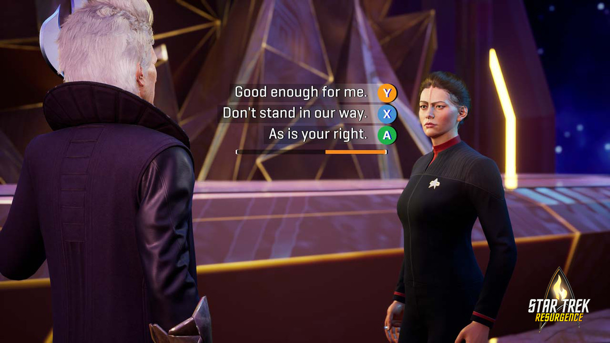En gameplay-skärmdump av Star Trek: Resurgence med Jara Rydek.