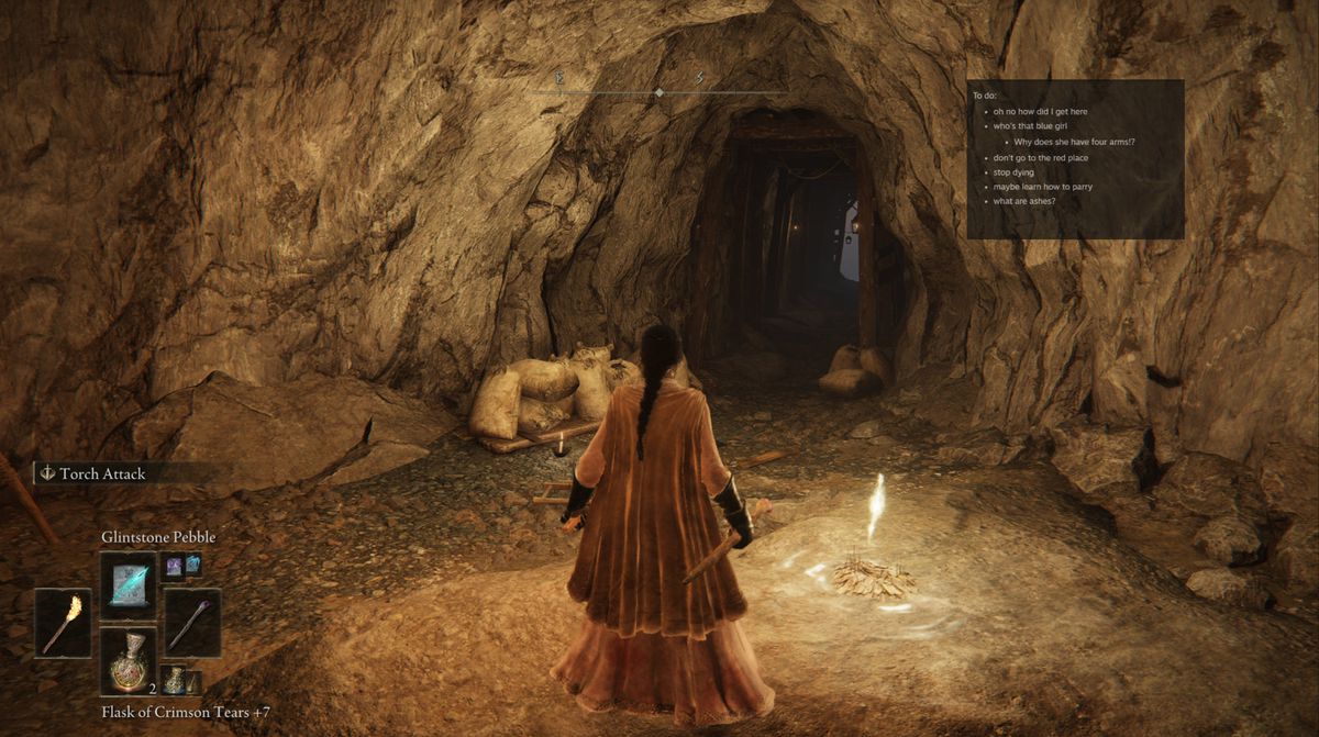 Tv-spelet Elden Ring visas.  En karaktär befinner sig i en svagt upplyst grotta, men bildens fokus ligger på Steams nya Notes-app, som låter användaren skriva att göra-objekt och lägga dem över spelfönstret.