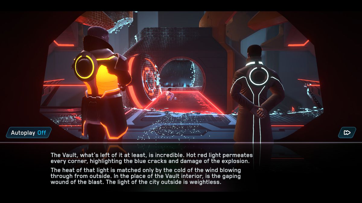 En skärmdump från Tron: Identity, med en karaktär som heter Griz (vänster) och spelarkaraktären Query (höger) som står sida vid sida med utsikt över en brottsplats.