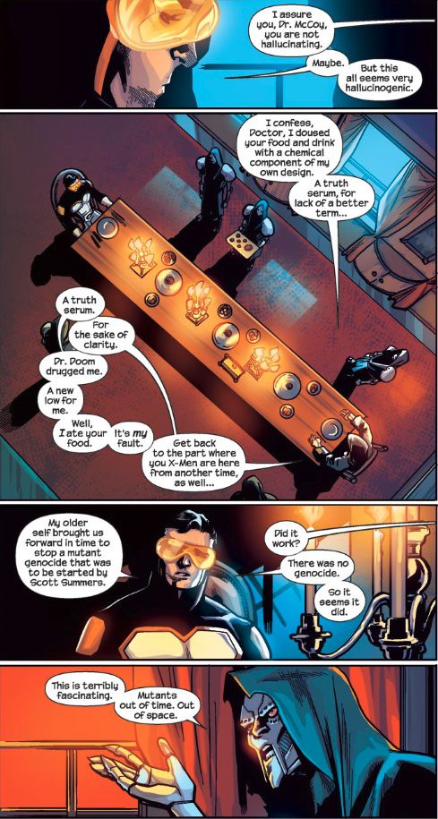 Beast och Doctor Doom diskuterar varför Doom drogade Beast med ett Truth Serum i All New X-Men #34