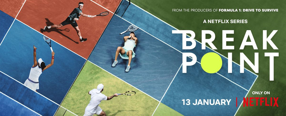 Promotion art for Netflix’s Break Point, with four tennis players on different courts in various stages of celebration and sorrow.
