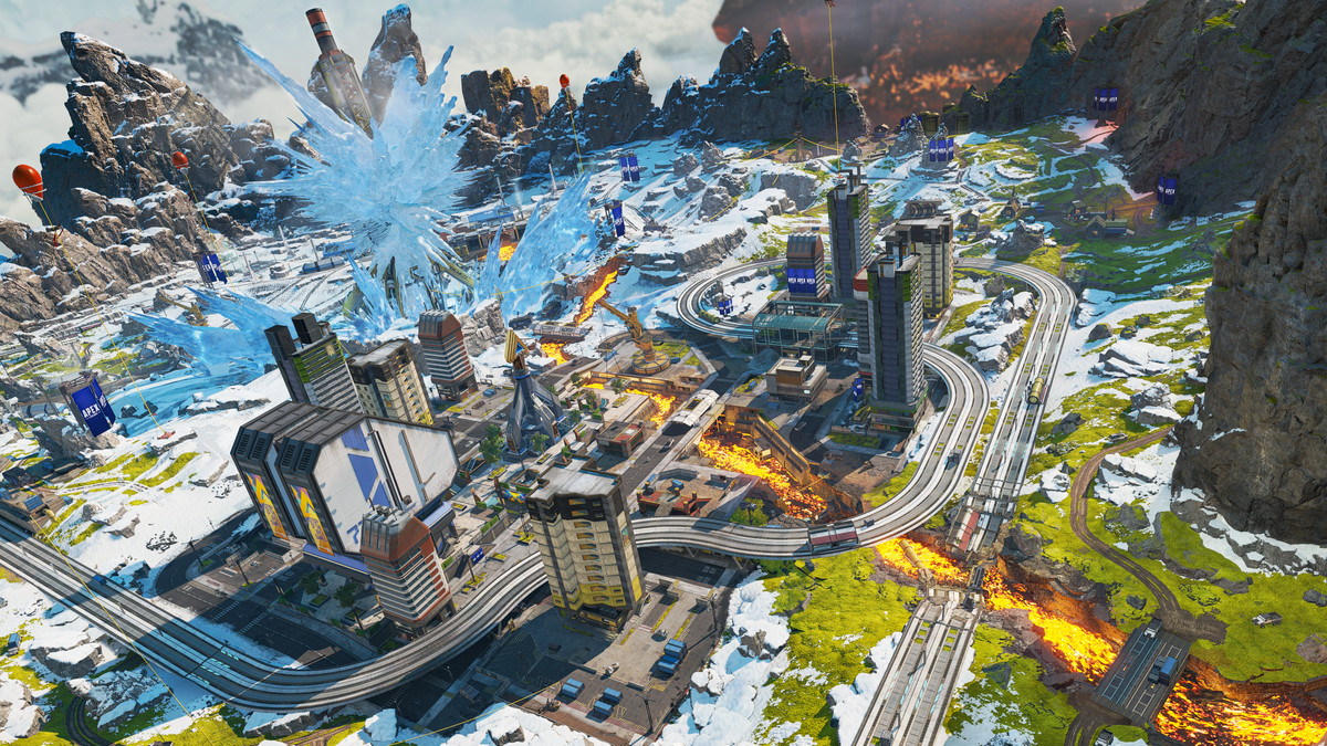 Hög överheadbild av Apex Legends World's Edge-karta, med enorma iskristaller uppe till vänster och en flod av lava som fortfarande rinner genom stadens centrum ner till höger.