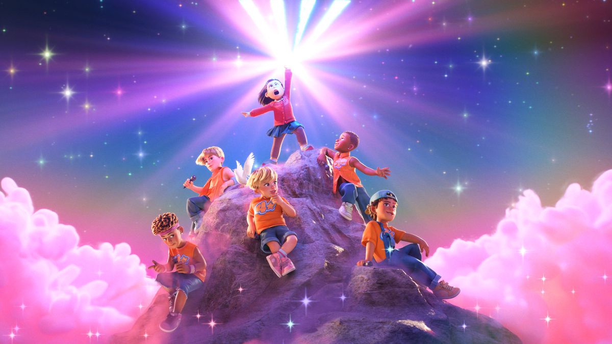A girl in a red coat and blue skirt stands on a mountain surrounded by five boys in matching orange shirts with purple clouds in the background.