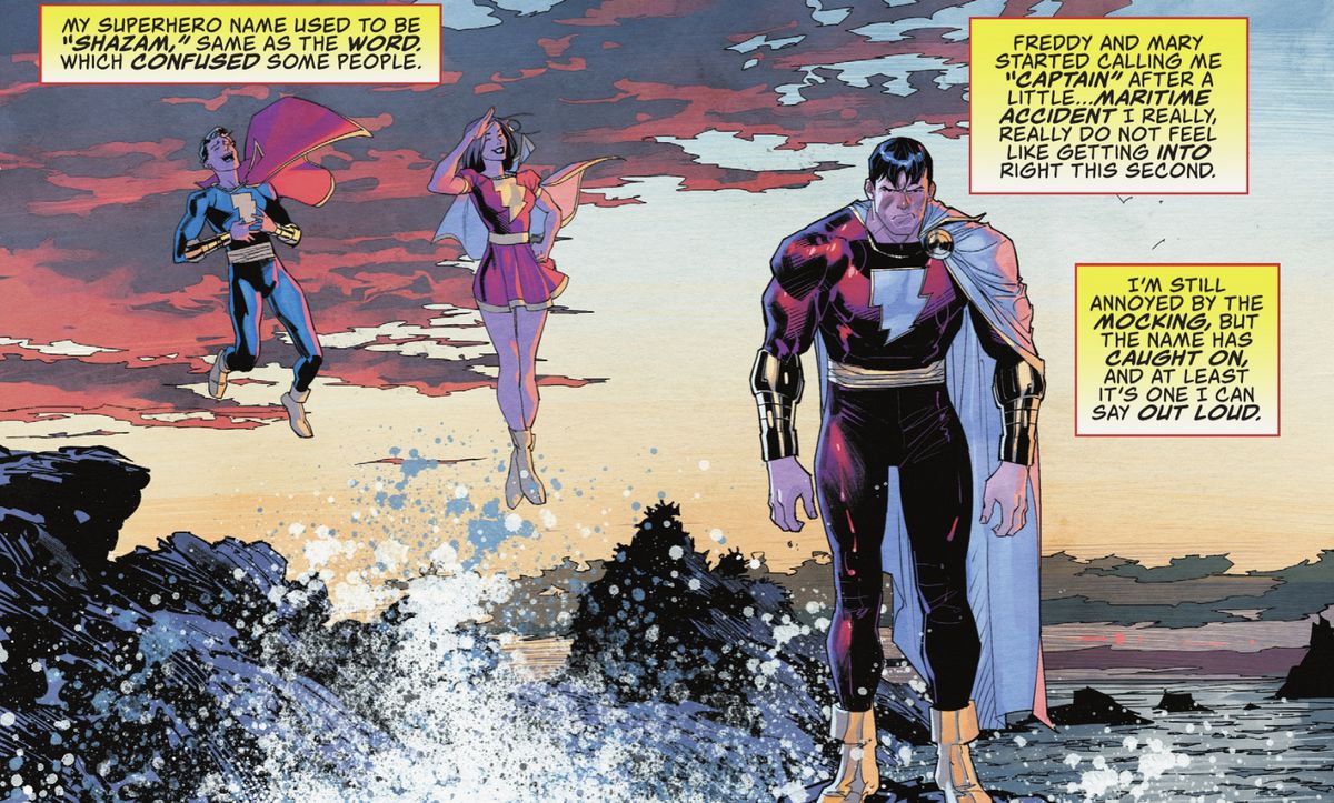 Freddy Freeman och Mary Bromfields superhjälteidentiteter flyter och skrattar åt en genomblöt Billy Batsons superhjälteidentitet som står på en strand.  