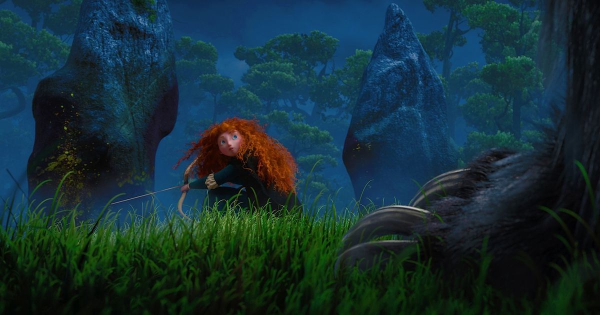 Merida from Brave huddles between a series of standing stones at night, bow and arrow nocked and ready to fire, as the giant, heavily clawed paw of a giant bear dominates the right corner of the image