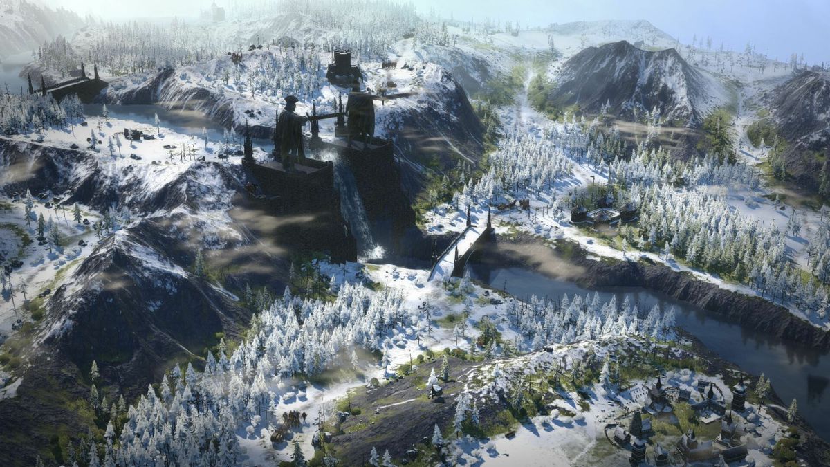 En snöig utsikt i Wartales, som visar några av tornen och civilisationerna som byggts i de bergiga delarna av kartan.