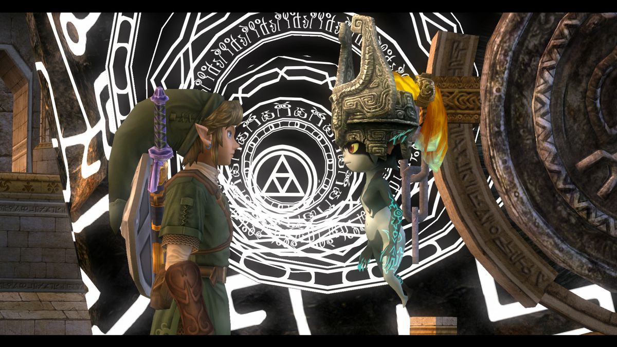 Link and Midna from The Legend of Zelda: Twilight Princess standing in front of a portal.