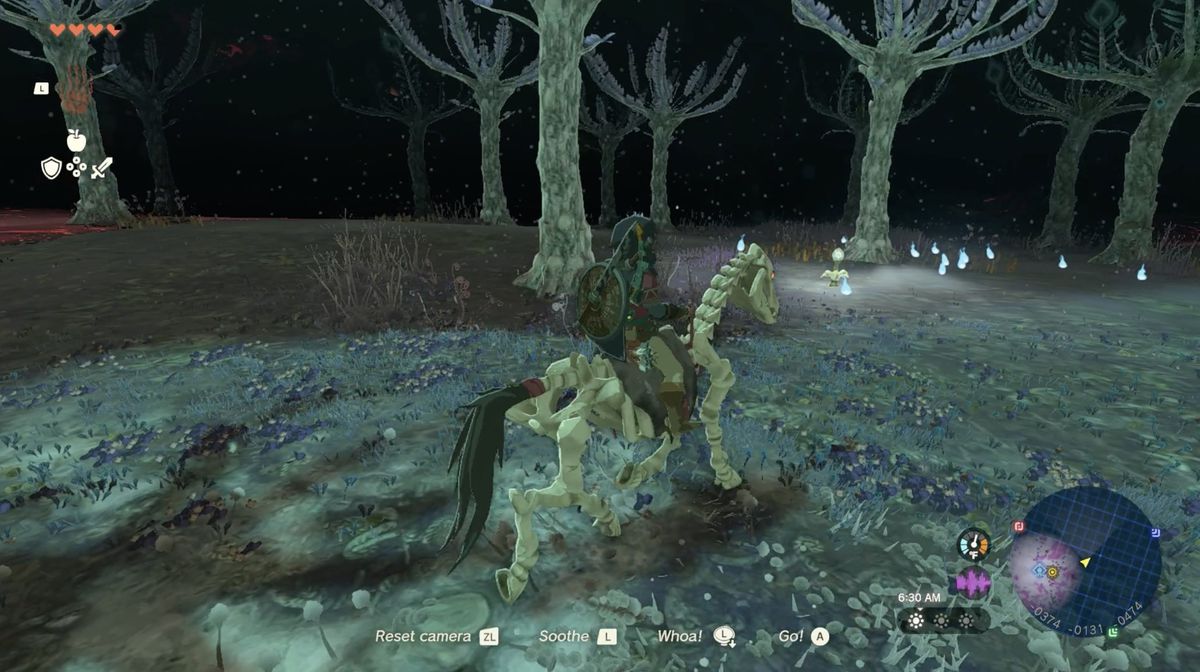 Link rides a skeleton horse in the Depths, a dark subterranean map below Hyrule in The Legend of Zelda: Tears of the Kingdom 