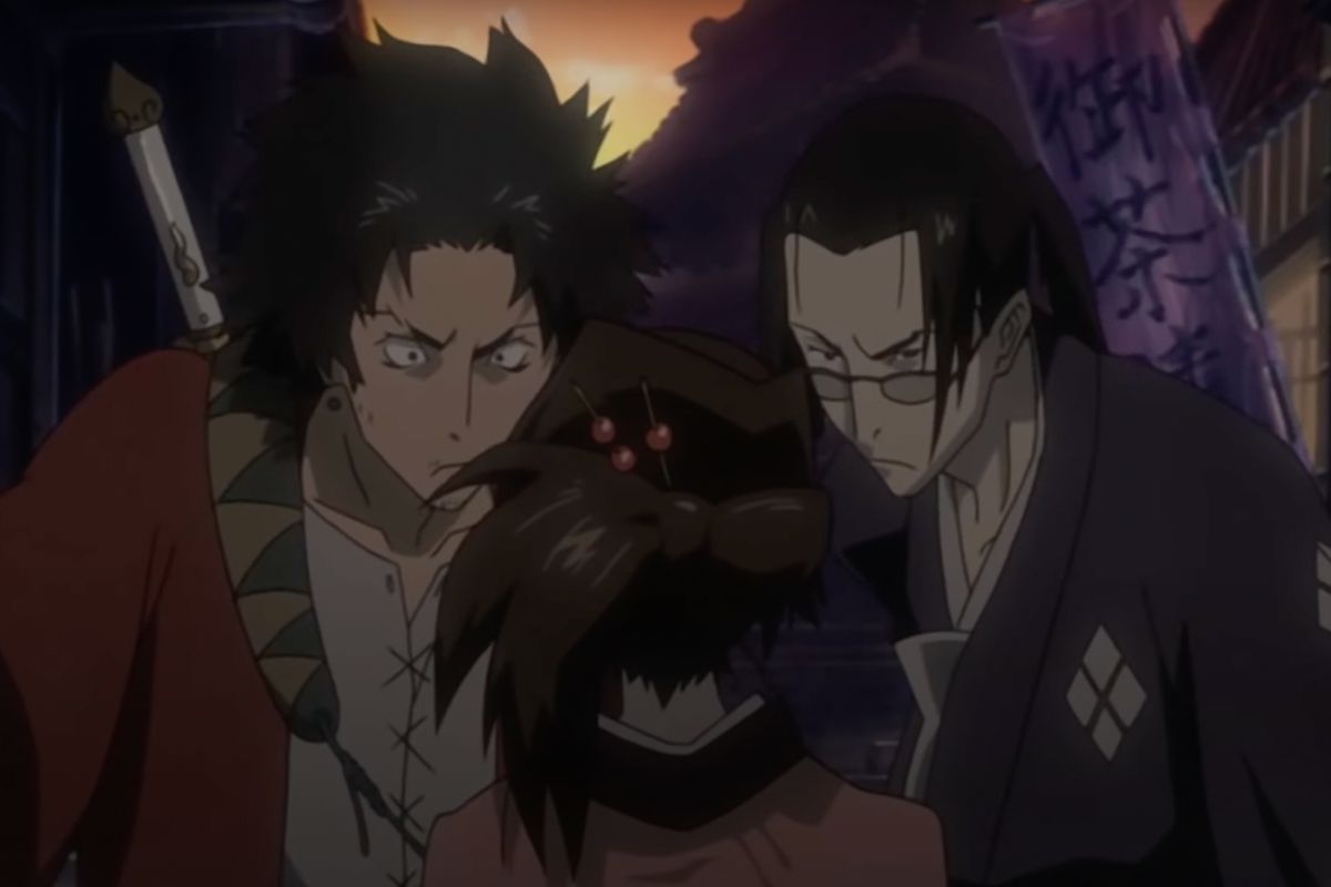 Jin and Mugen look at Fuu in exasperation in Samurai Champloo.