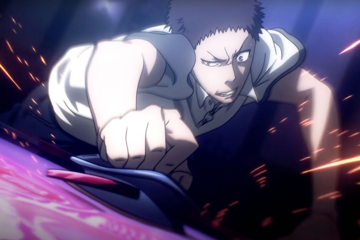 A determined man plays air hockey in Death Parade.