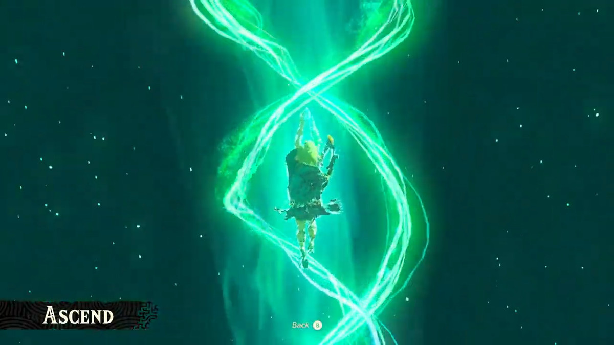 Link simmar genom ett berg, medan gröna glöd omsluter honom i The Legend of Zelda: Tears of the Kingdom