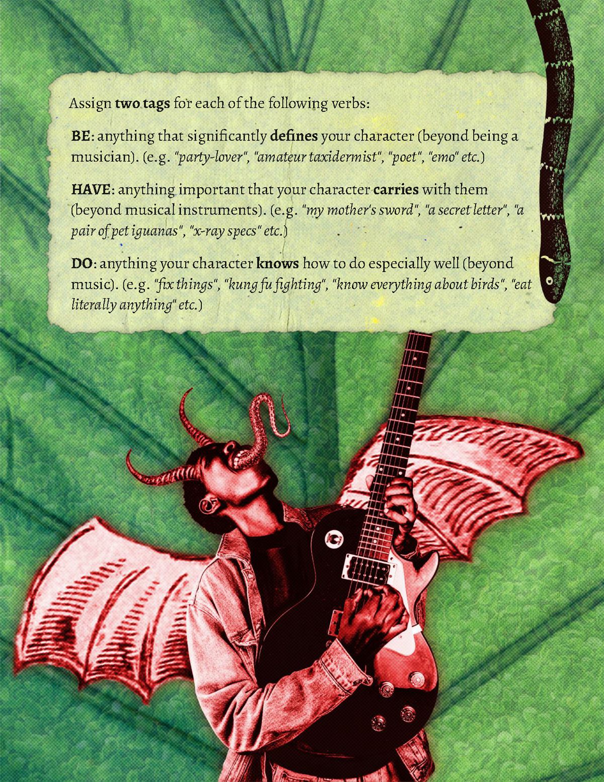 A demon man with a long tentacle tongue and wings plays a black guitar. From Wendy Yu’s Marvelous Mutations.