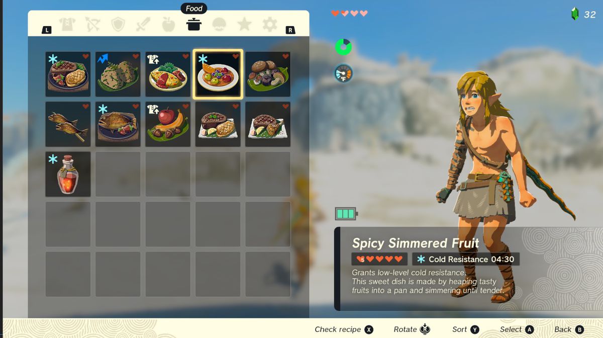 Link lagar en rätt med kryddig paprika i en meny i Zelda Tears of the Kingdom.