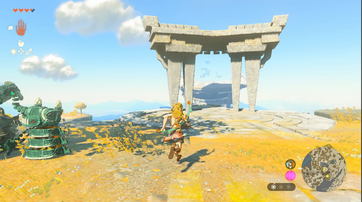 Link går mot en stenport på Great Sky Island i Tears of the Kingdom.