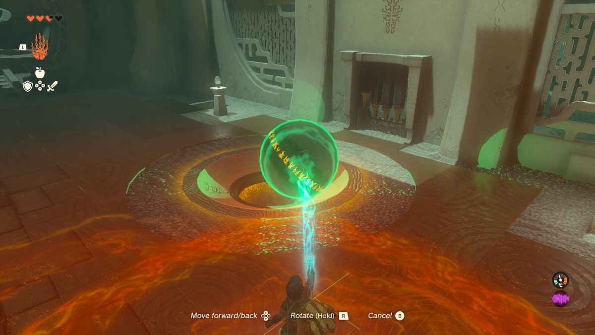 Link tappar en boll i en grop i Tukarok Shrine i Zelda Tears of the Kingdom.