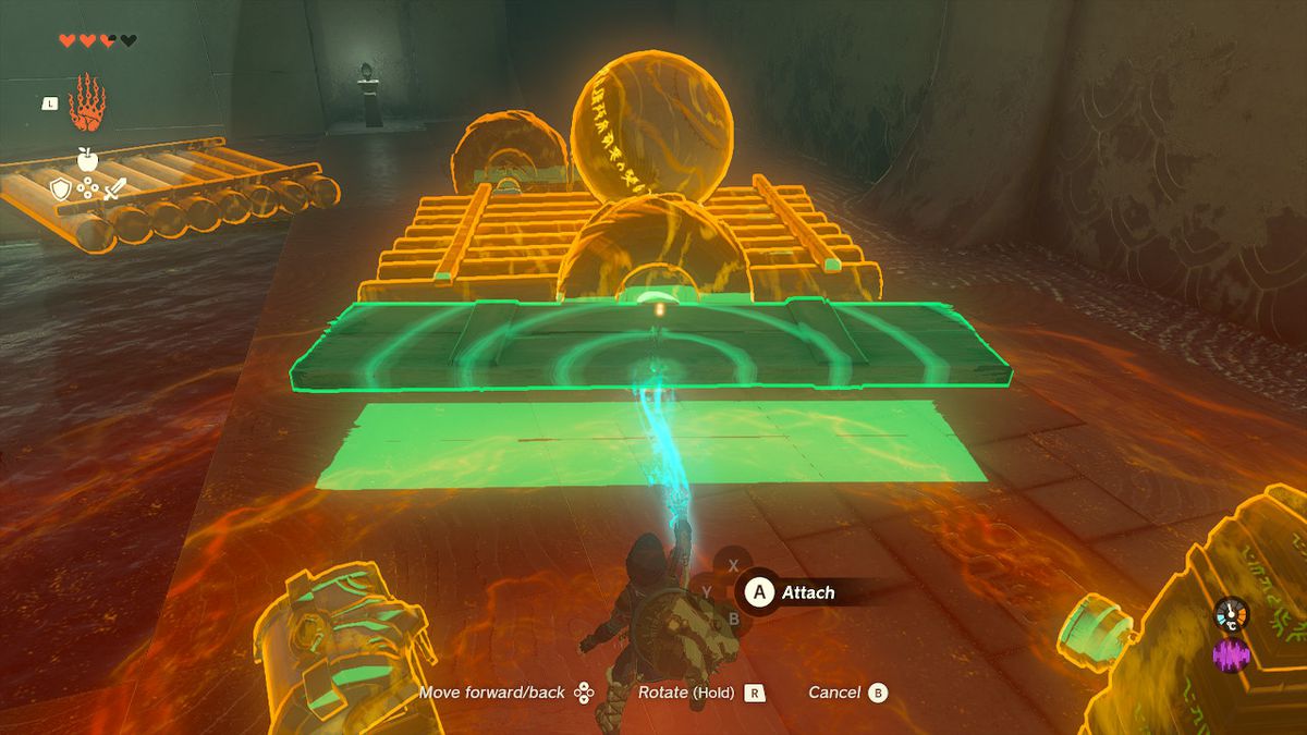 Link använder Ultrahand för att koppla en boll till en flotte i Tukarok Shrine i Zelda Tears of the Kingdom.