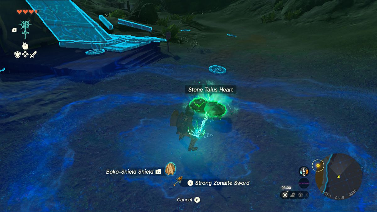 Link förenar ett stentalushjärta till ett zonaitiskt svärd i Zelda Tears of the Kingdom
