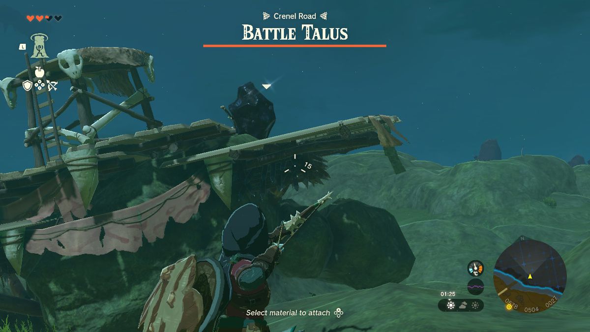 Link riktar en pilbåge mot en Battle Talus på ett fält i Zelda Tears of the Kingdom.