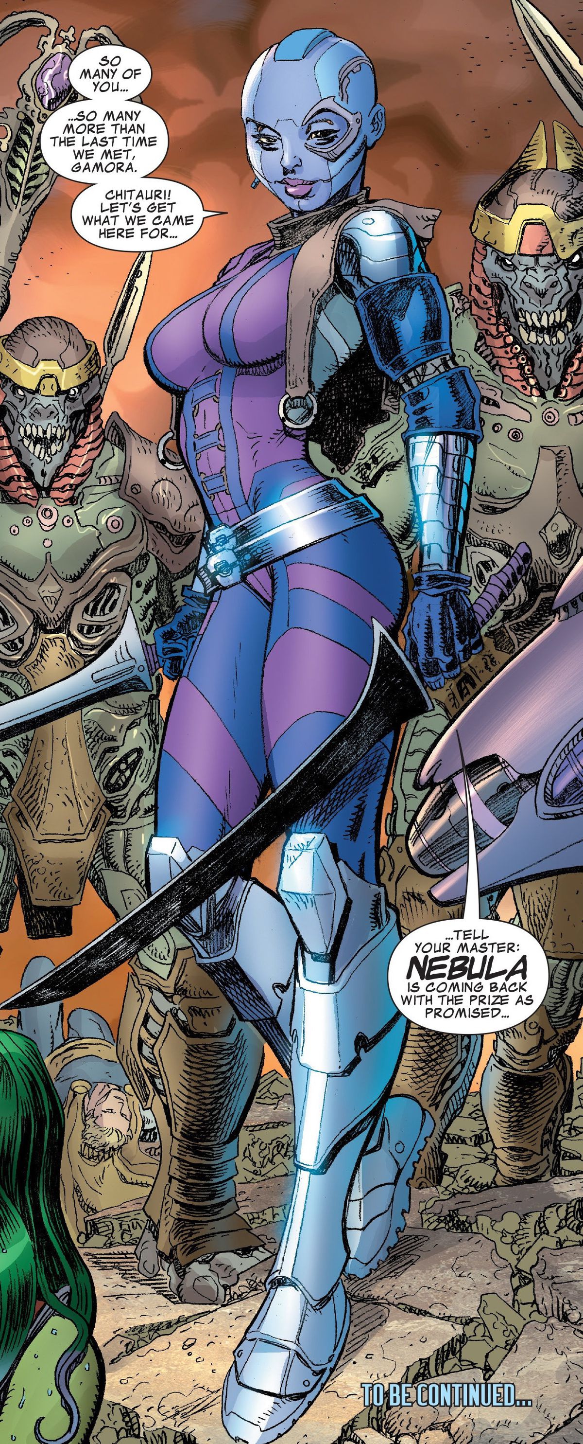 Nebula, som håller två svärd och ser mycket ut som Karen Gillan-versionen av henne i Marvel Team-Up #1 (2015).