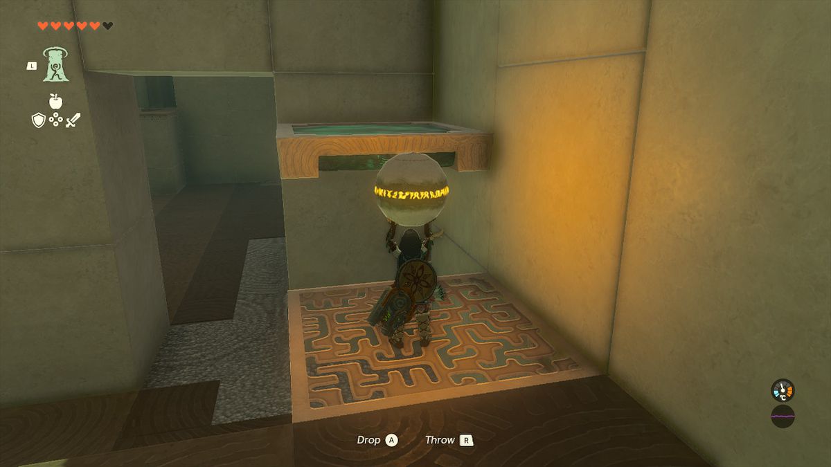 Link håller en boll när han står på en plattform i Orochium Shrine i Zelda Tears of the Kingdom.