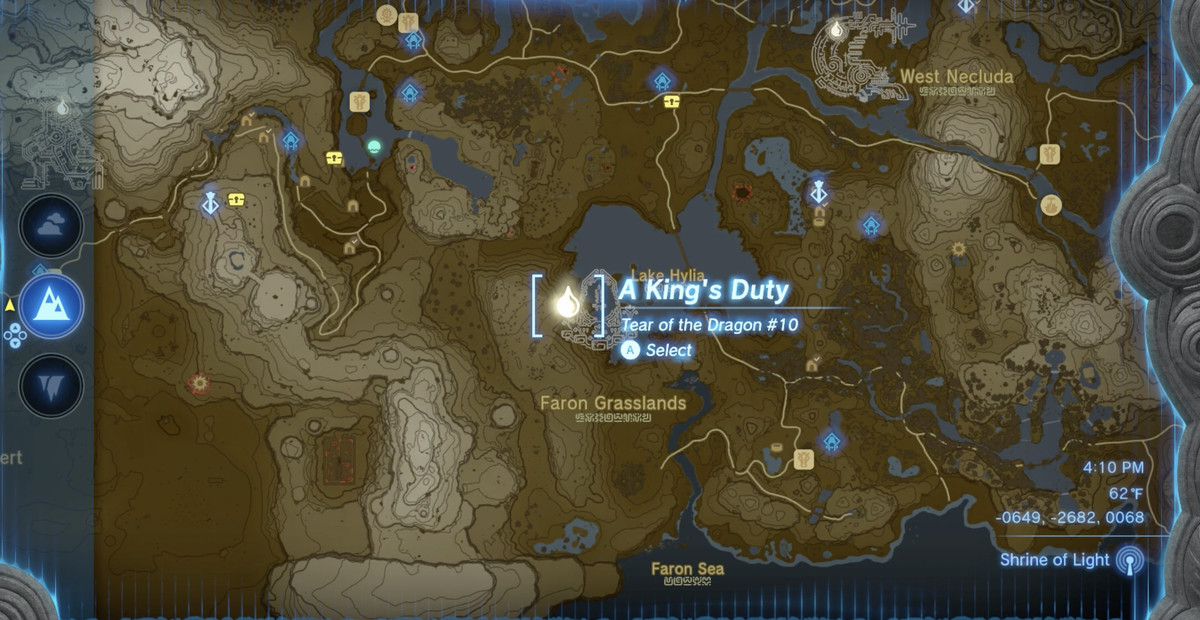 Link står nära Dragon Tear pölen på västra stranden av Lake Hylia i The Legend of Zelda: Tears of the Kingdom