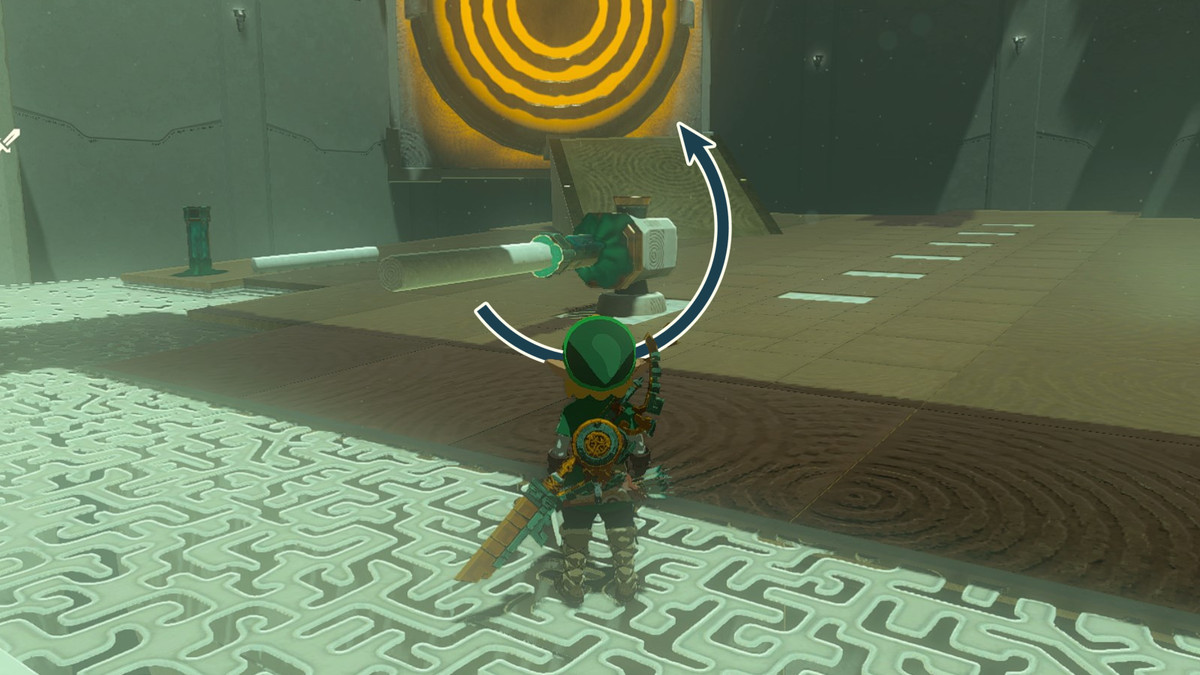 Länk som står framför en flipper, nålkula i Mayachin Shrine i Zelda: Tears of the Kingdom