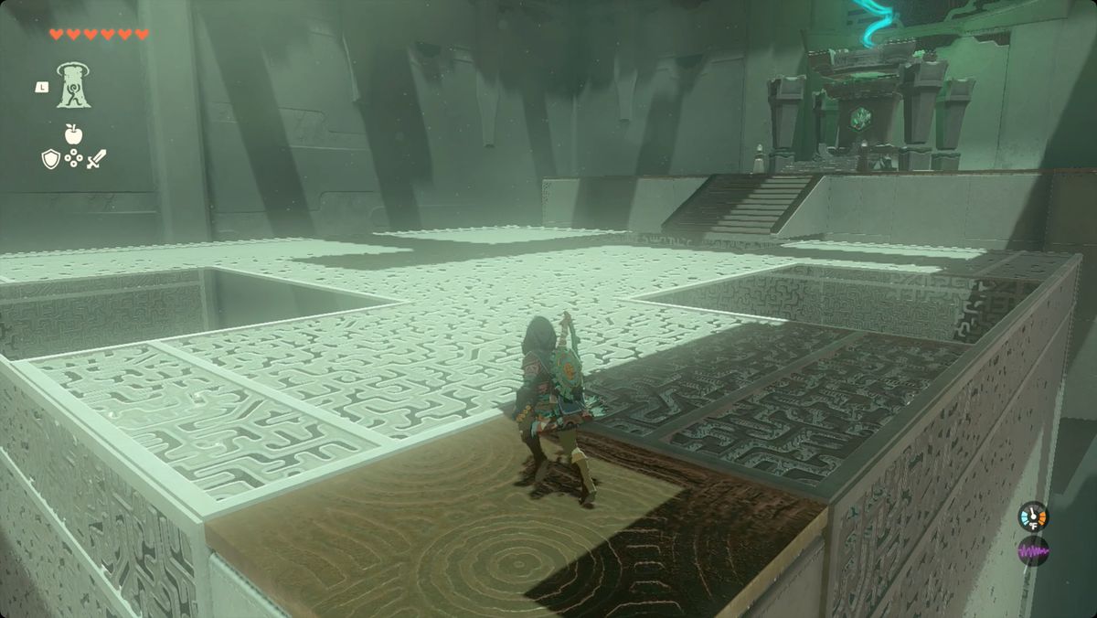 The Legend of Zelda: Tears of the Kingdom Link står på toppen av buren i Domizuin Shrine