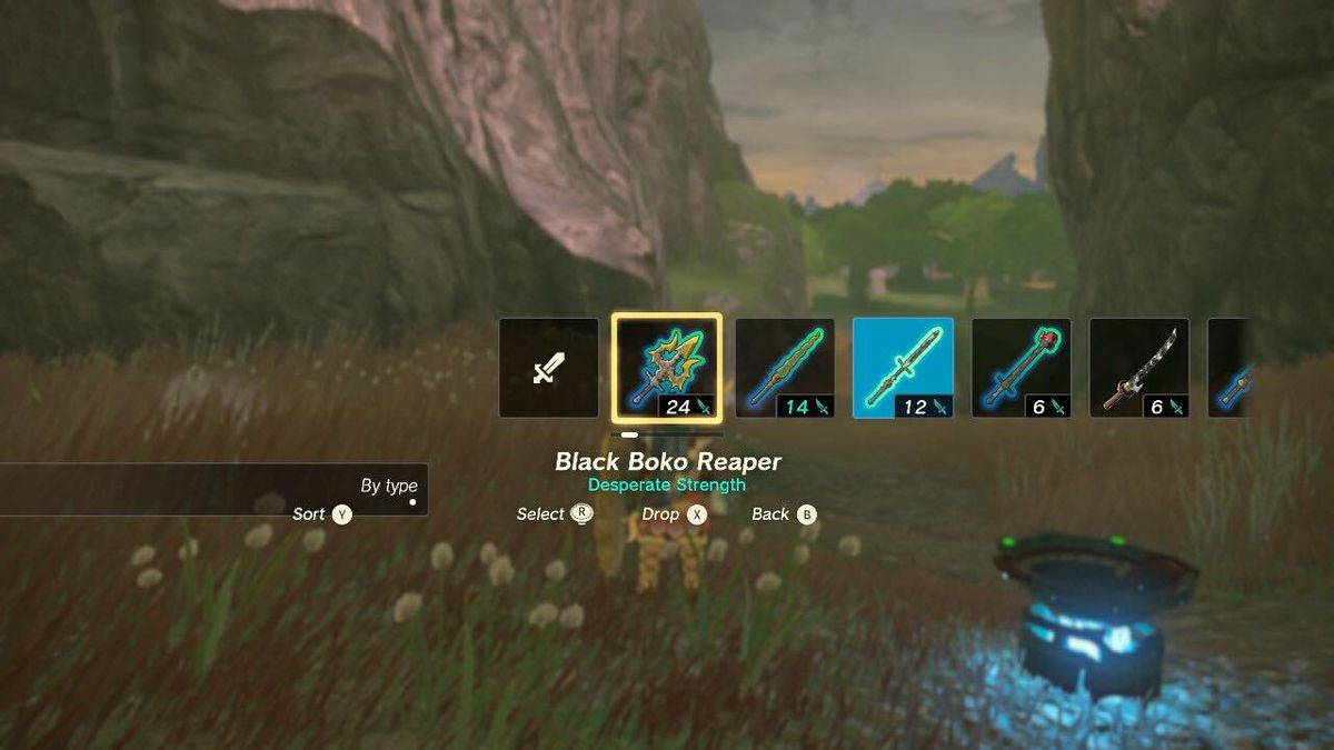 En bild av en popup-skärm i Zelda: Tears of the Kingdom som låter dig byta vilket vapen som är utrustat.  Under objektet finns det ett alternativ att släppa det valda vapnet.