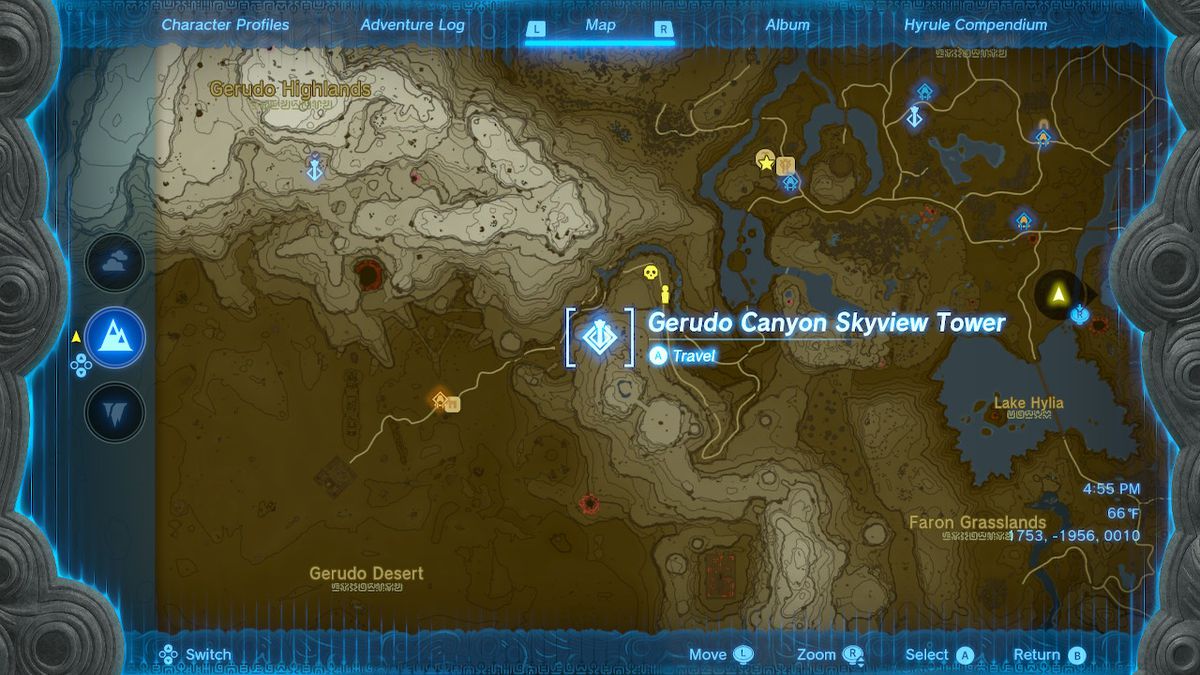 A location screen of the Geurdo Canyon Skyview Tower in Zelda: Tears of the Kingdom