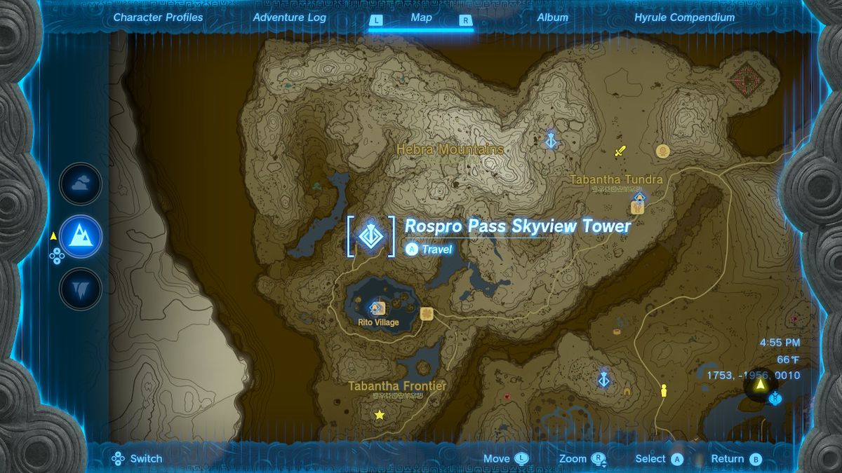 A location screen of the Rospro Pass Skyview Tower in Zelda: Tears of the Kingdom