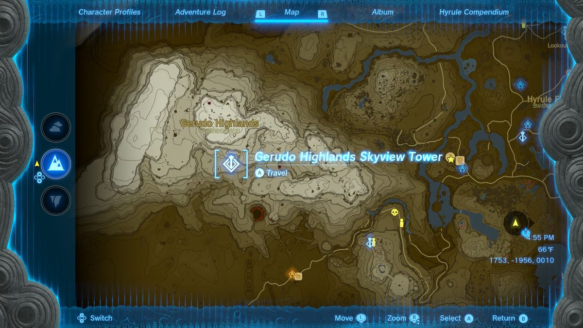 A location screen of the Gerudo Highlands Skyview Tower in Zelda: Tears of the Kingdom