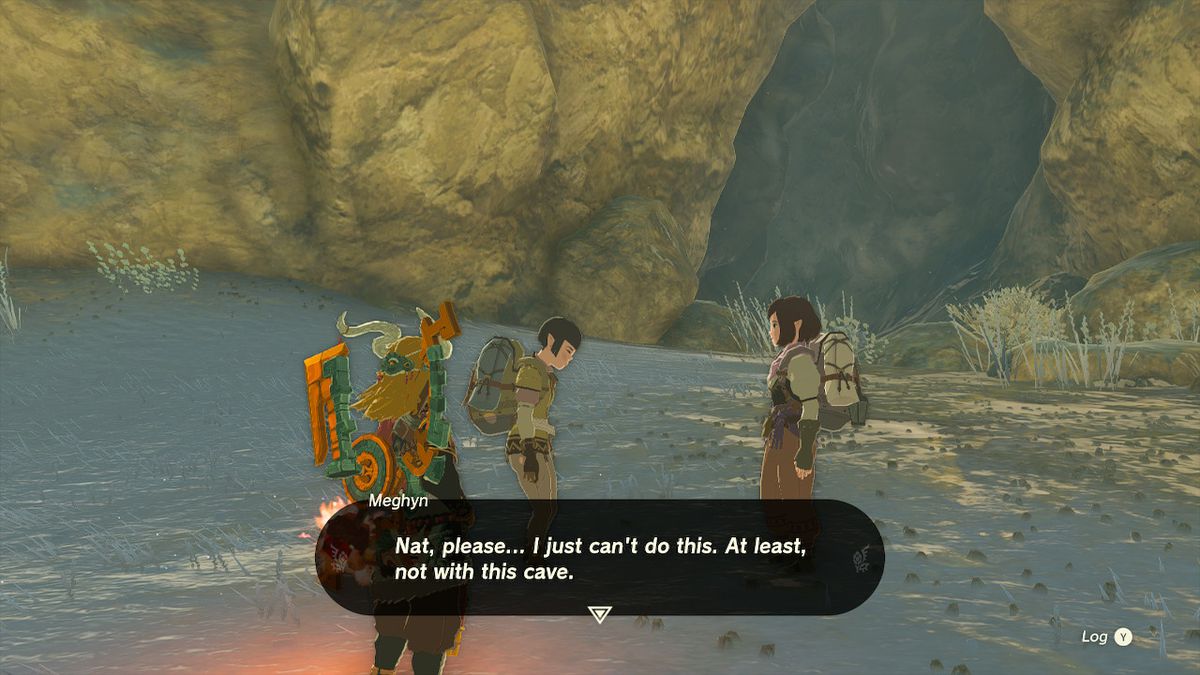 Link lyssnar på Meghyn och Nat som chattar om Brightcap Cave i Zelda: Tears of the Kingdom