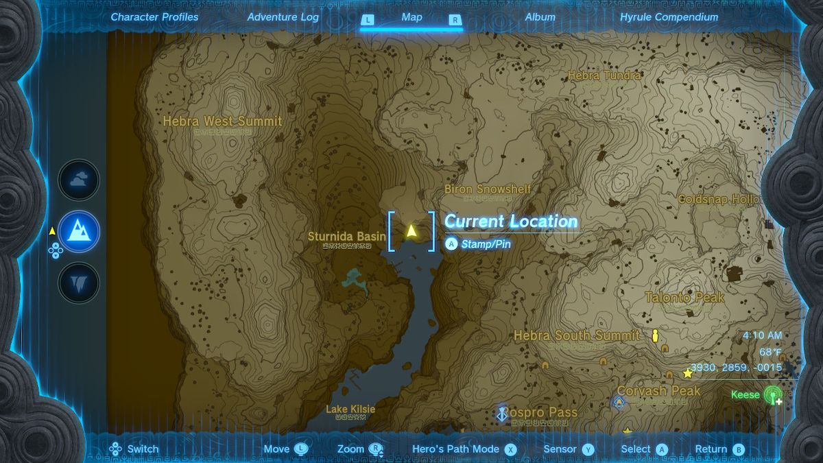 En skärmdump av kartan som visar Lake Kilsie Cave i Zelda: Tears of the Kingdom