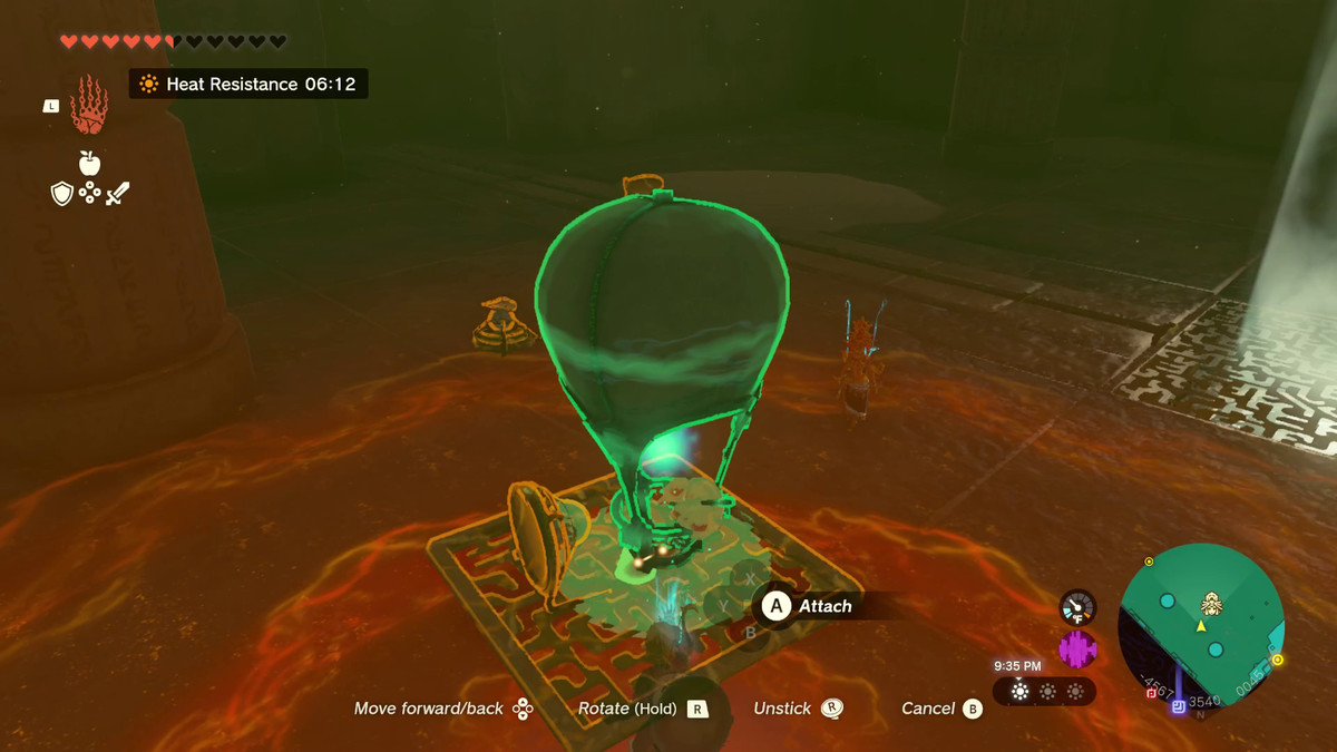 The Legend of Zelda: Tears of the Kingdom Link making an Ultrahand contraption out of a balloon, torch, grate, and mirror.