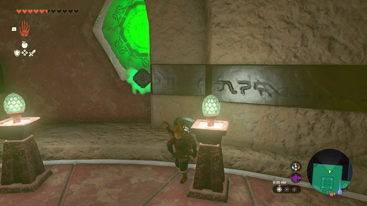The Legend of Zelda: Tears of the Kingdom Link placing a stake with Ultrahand to stop the wall from rotating in the Lightning Temple.