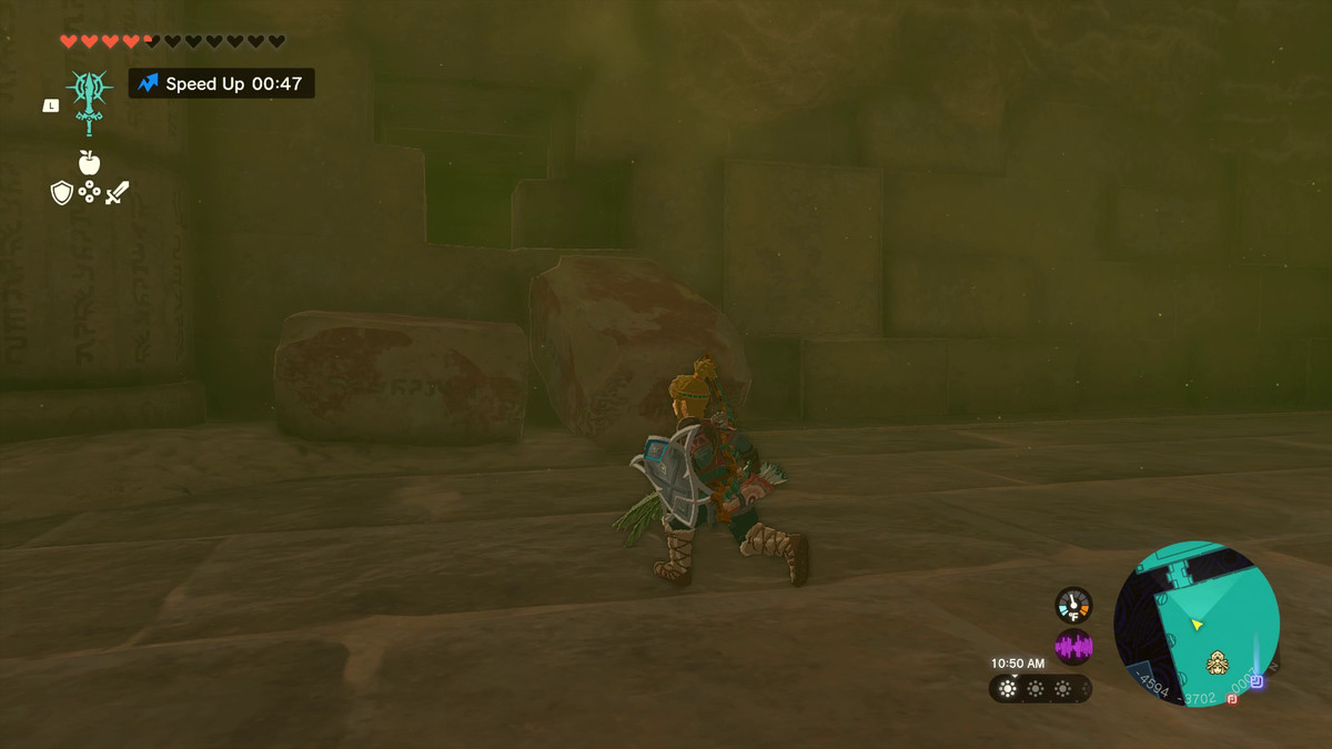 The Legend of Zelda: Tears of the Kingdom Link in the Lightning Temple running toward a hole in the wall.