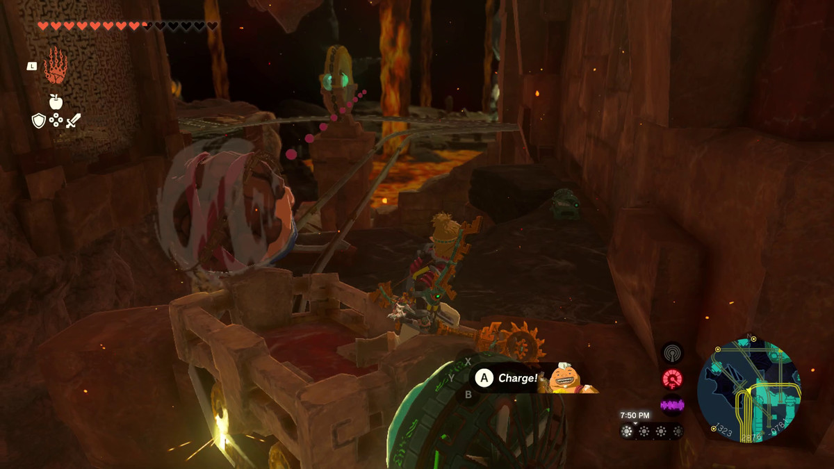 In Tears of the Kingdom, Link hops off a minecart prematurely to grab a green Zonai chest on a stone ledge